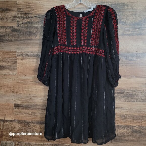 Zara Baby Doll Mini Dress S Chiffon Floral Embroidered Silver Metallic Detail - Picture 1 of 9